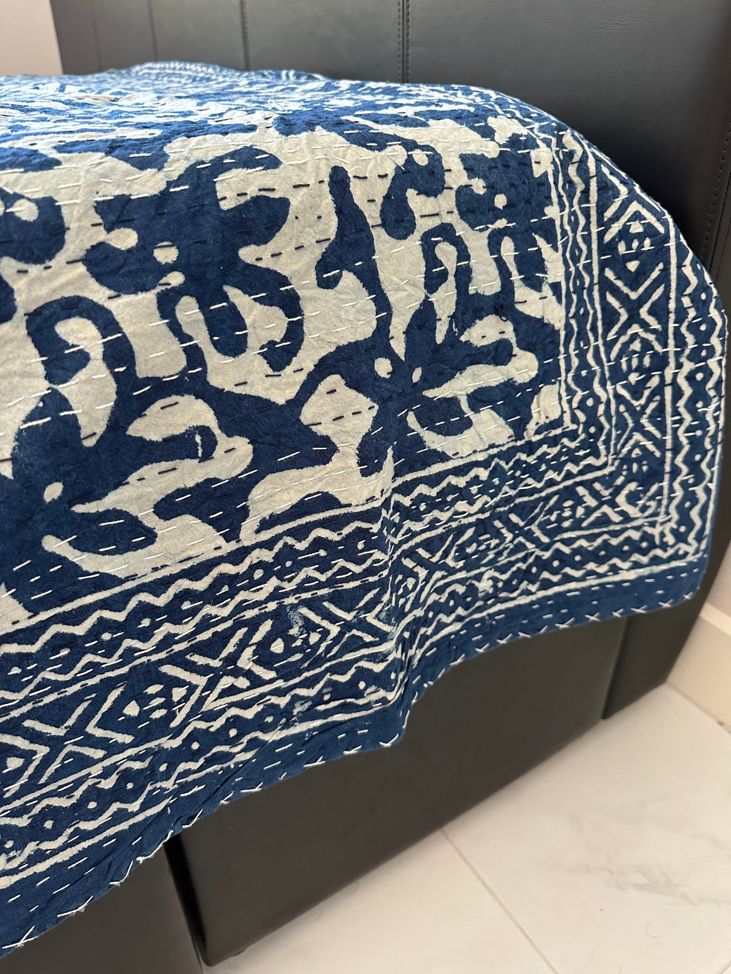 Indigo Blossom Kantha Bedspread