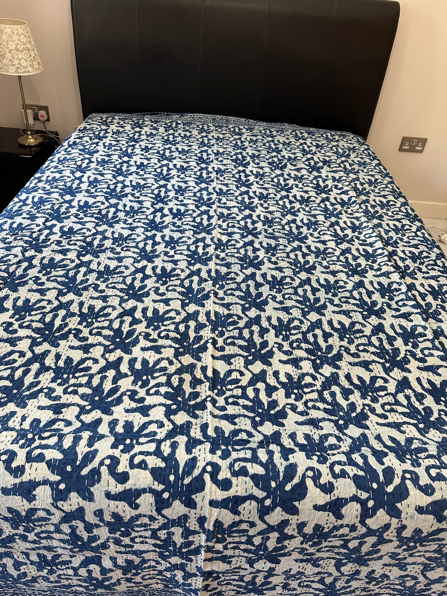 Indigo Blossom Kantha Bedspread