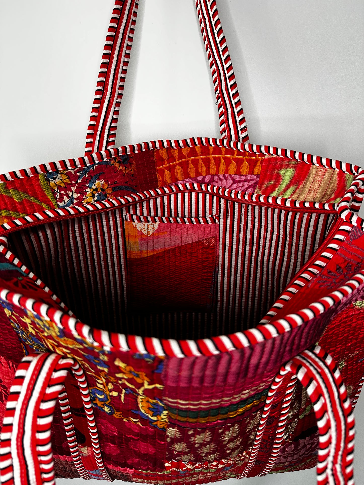 Red Silk Patchwork Tote Bag