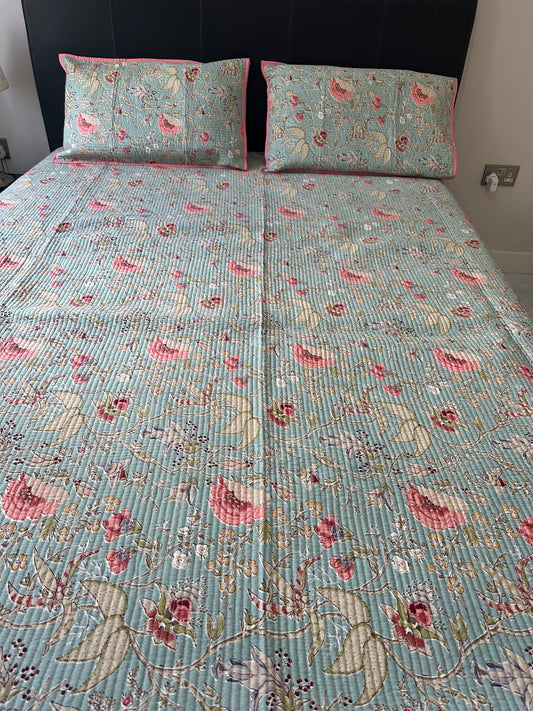 Quilted Bedcover - Blue Flower Design