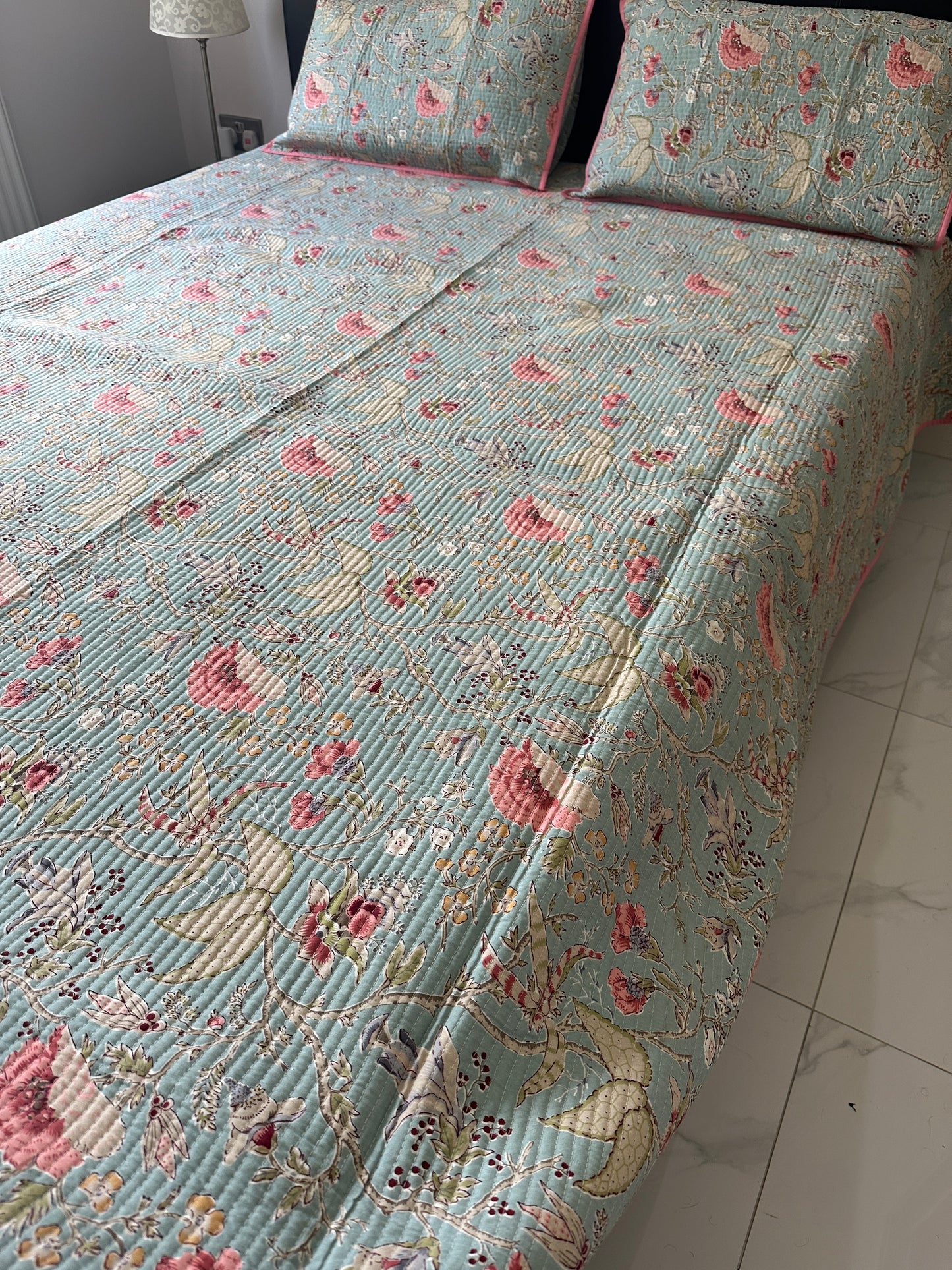 Quilted Bedcover - Blue Flower Design