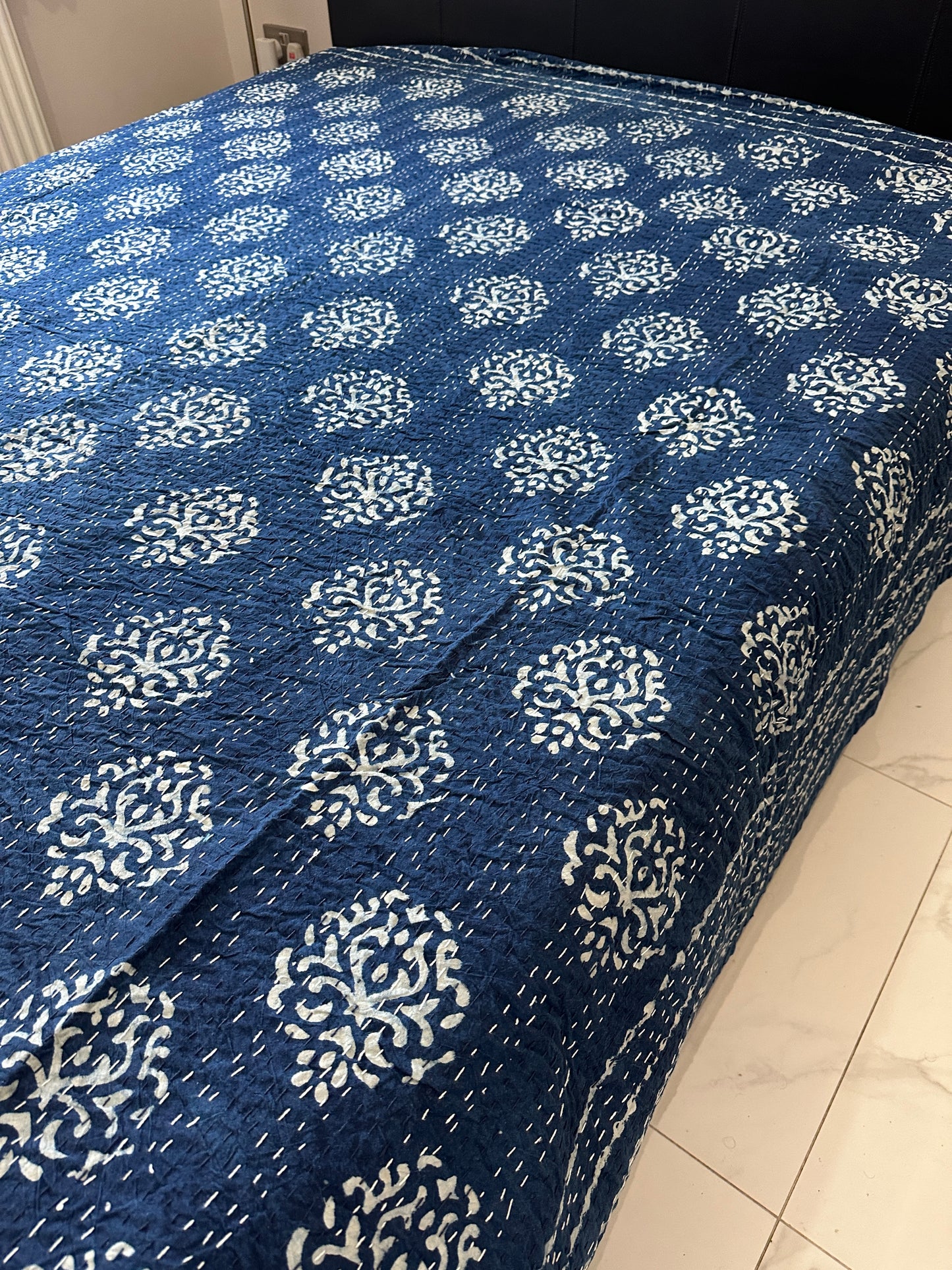 Indigo Medallion Kantha Bedspread