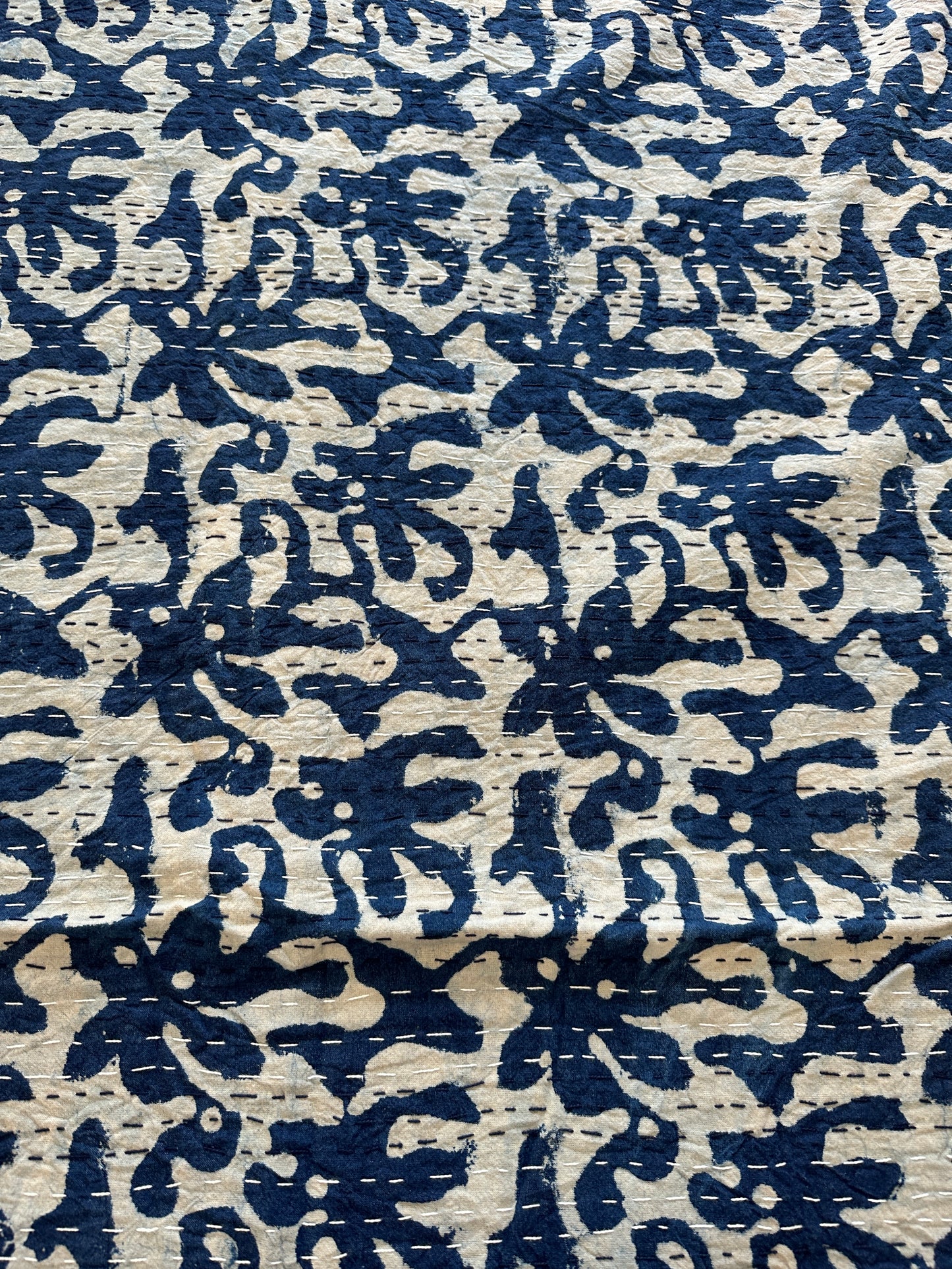 Indigo Blossom Kantha Bedspread