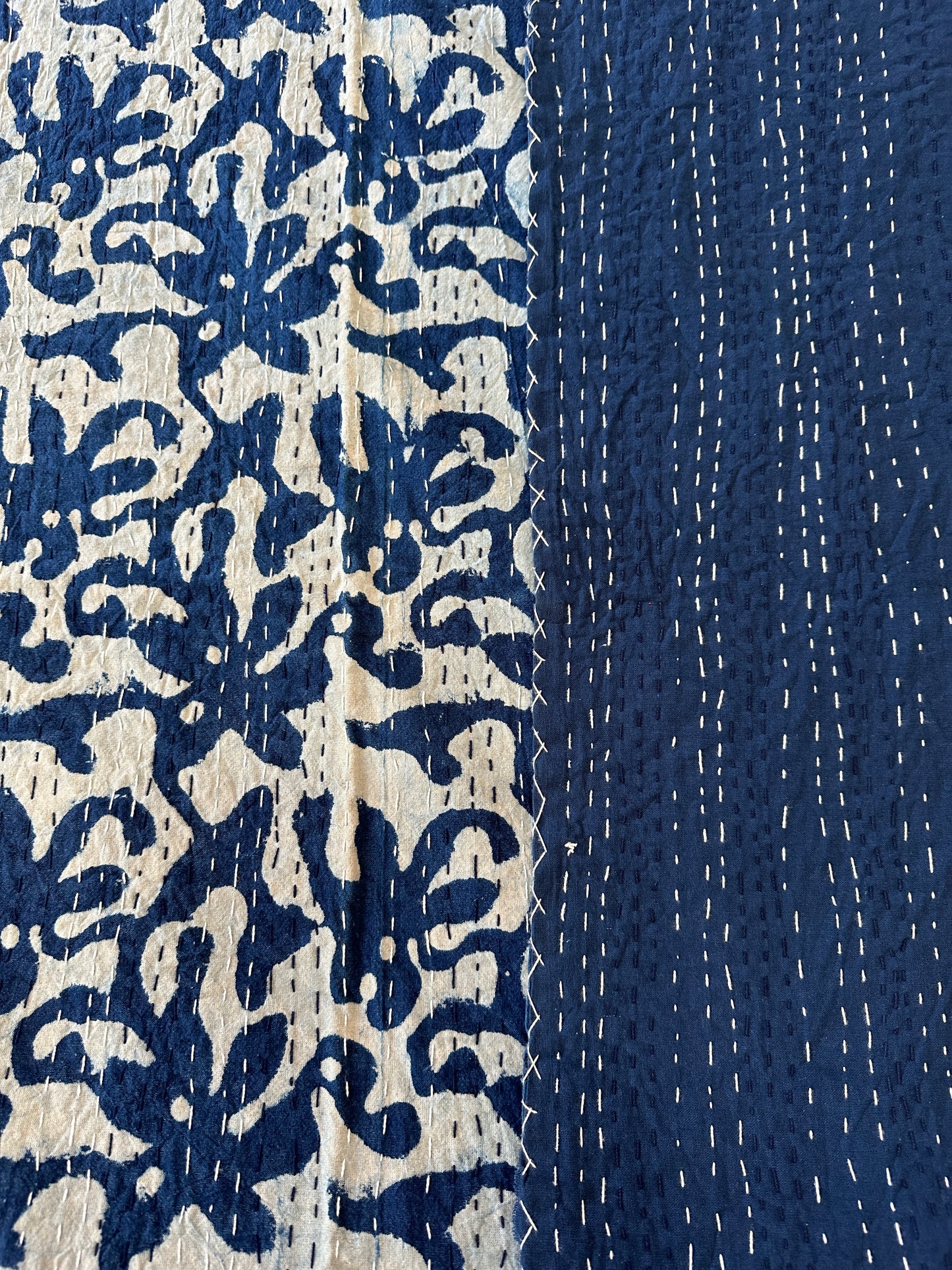 Indigo Blossom Kantha Bedspread