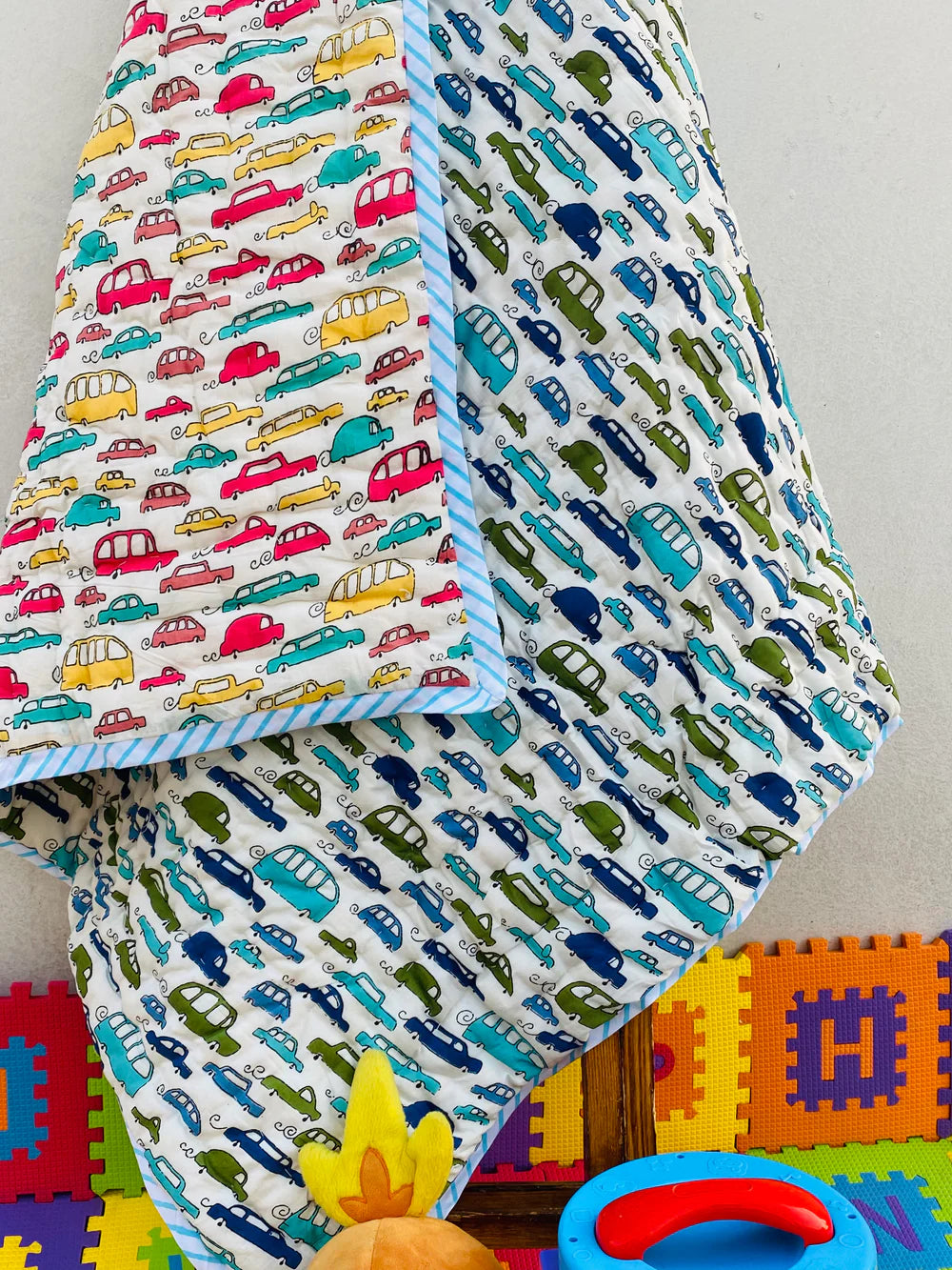 Tiny Cars - Hand Block Printed Reversible Kid's Quilt