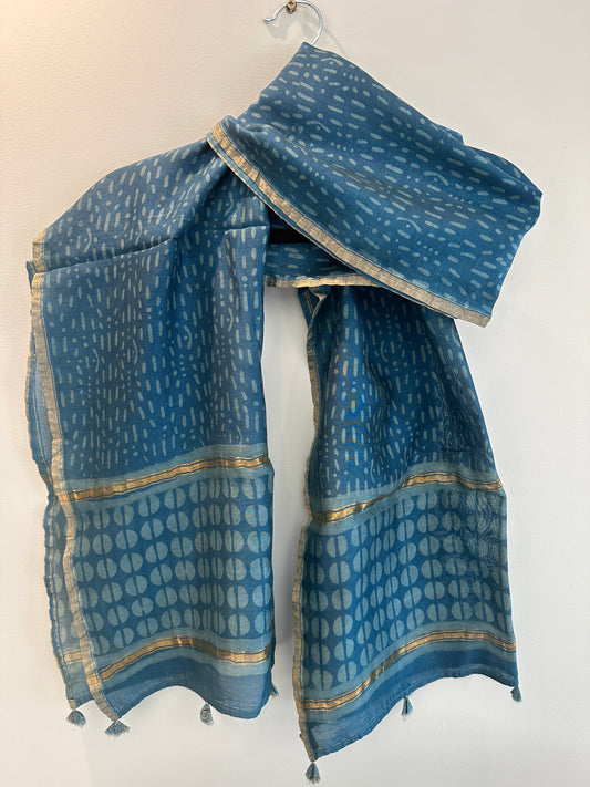Indigo - Dabu Hand Block Printed Cotton Silk Stole