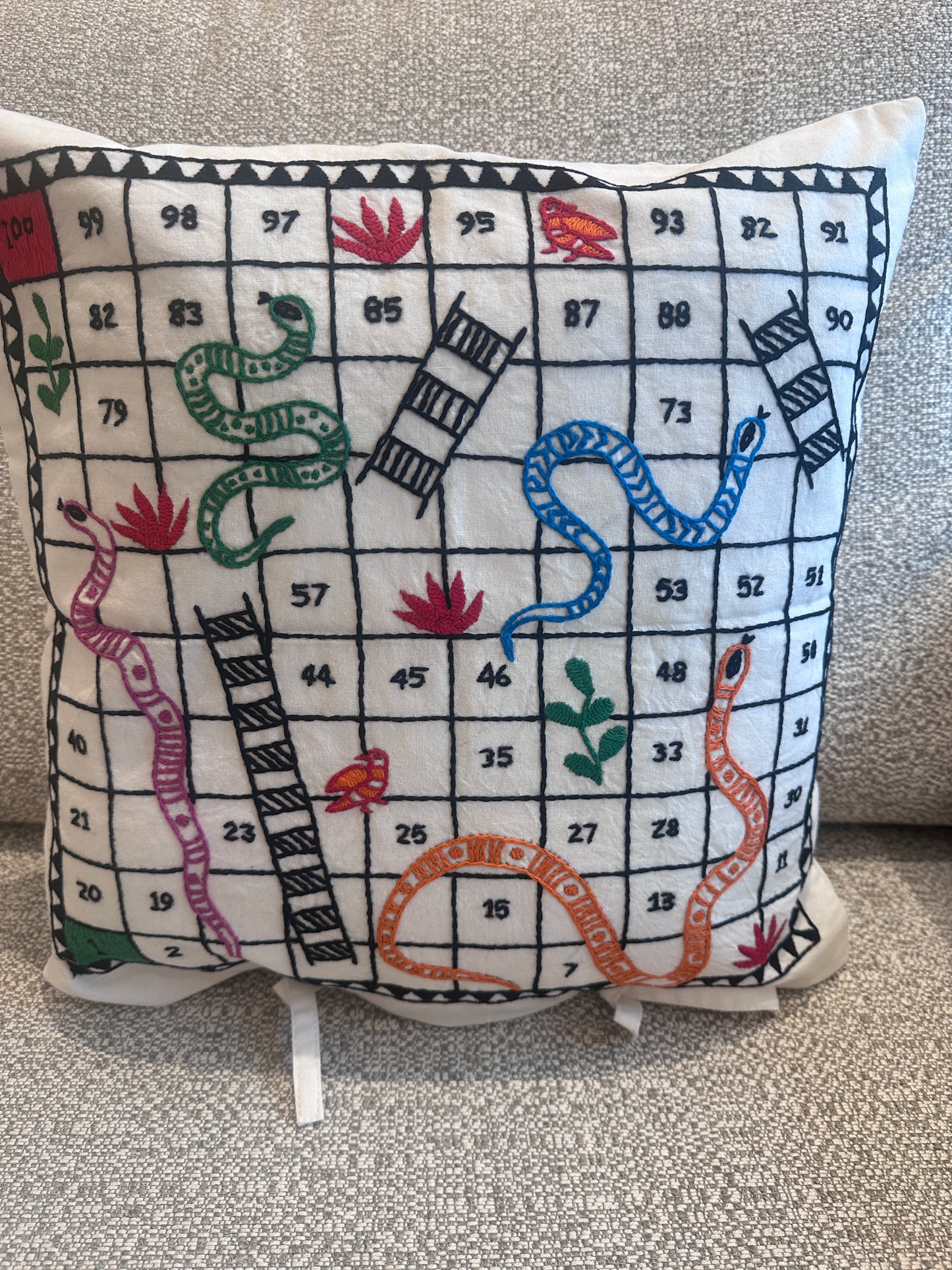 Snakes and Ladder- Hand Embroidered Cushion Cover