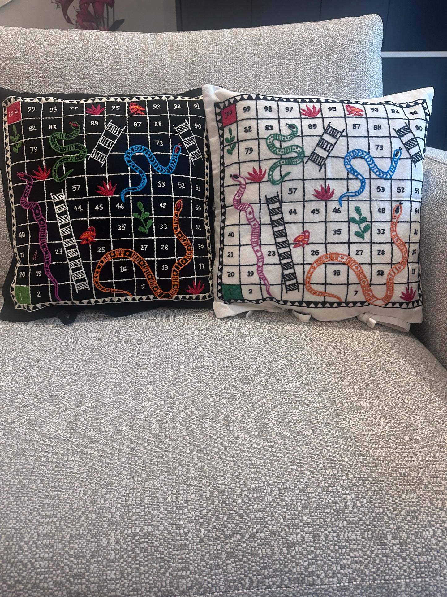 Snakes and Ladder- Hand Embroidered Cushion Cover