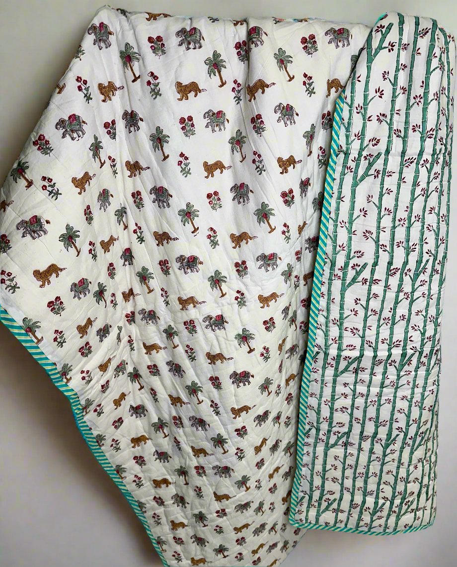 Jungle - Hand Block Printed Reversible Kids Quilt