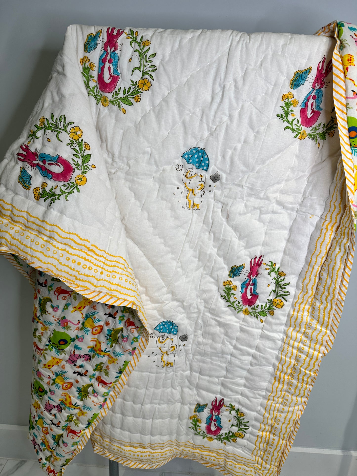 Rabbit and Elephant - Hand Block Printed Reversible Kids Quilt
