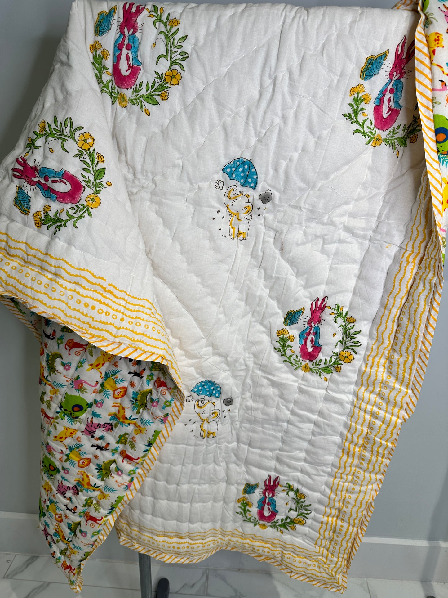 Rabbit and Elephant - Hand Block Printed Reversible Kids Quilt