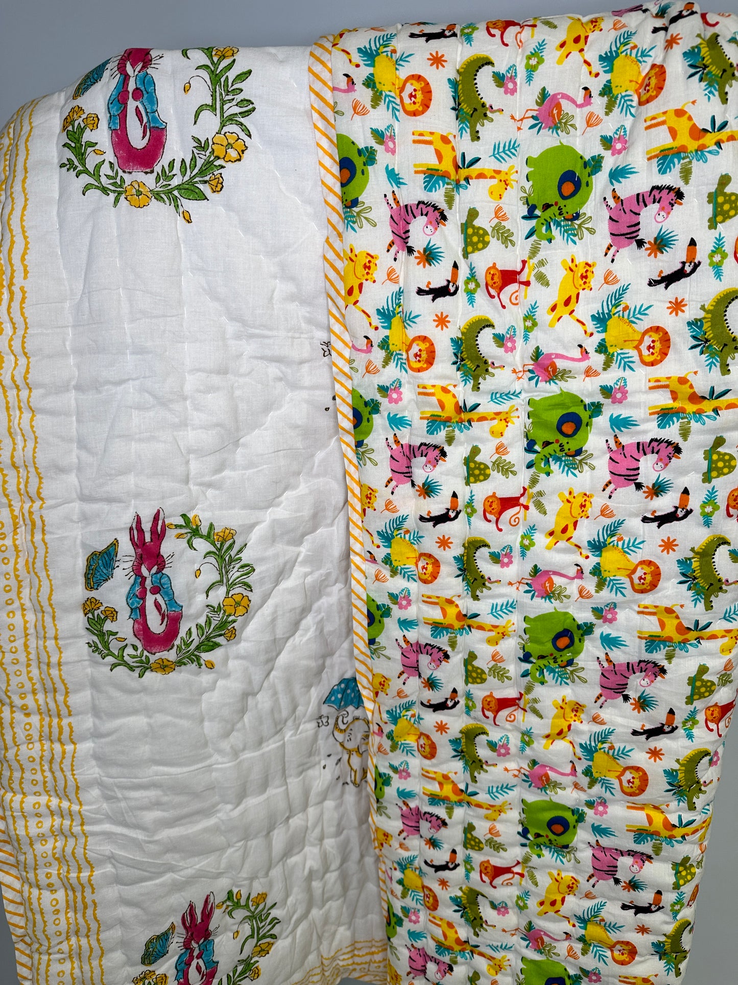 Rabbit and Elephant - Hand Block Printed Reversible Kids Quilt