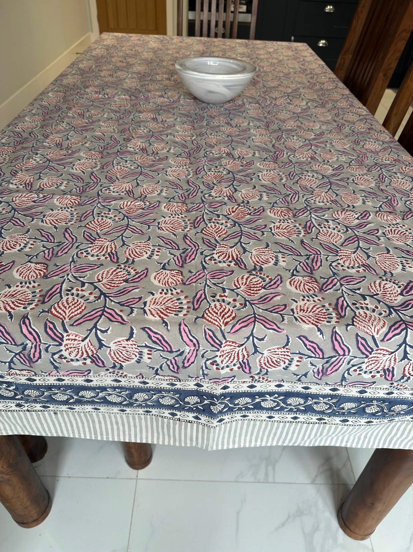 Misty Bloom Block Printed Tablecloth