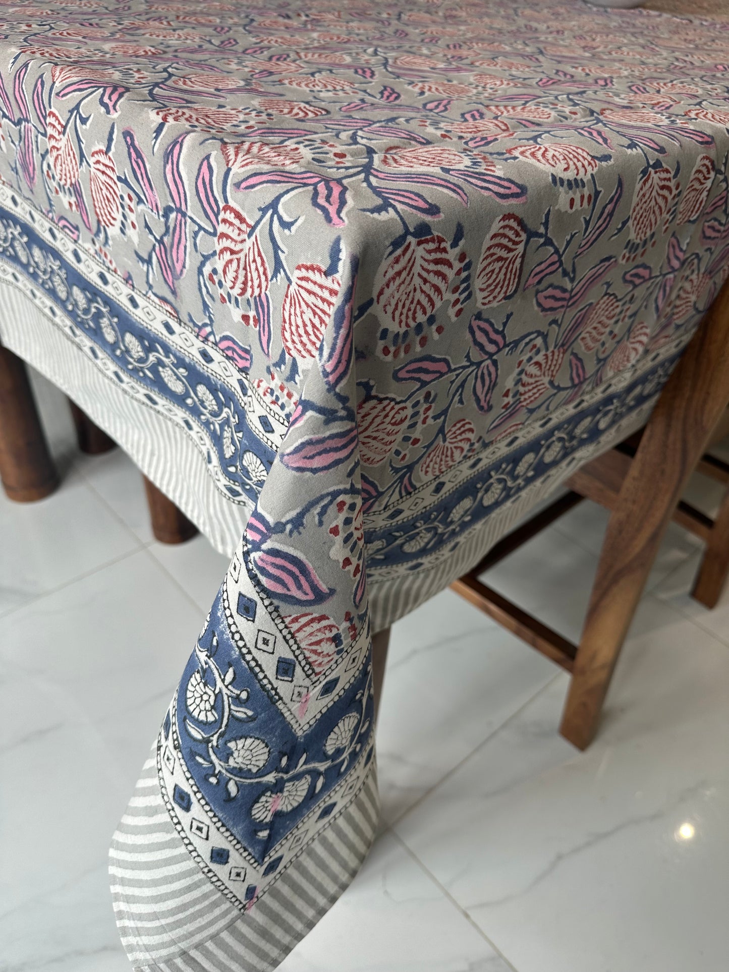 Misty Bloom Block Printed Tablecloth