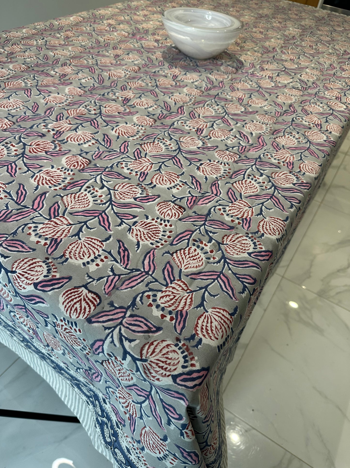 Misty Bloom Block Printed Tablecloth