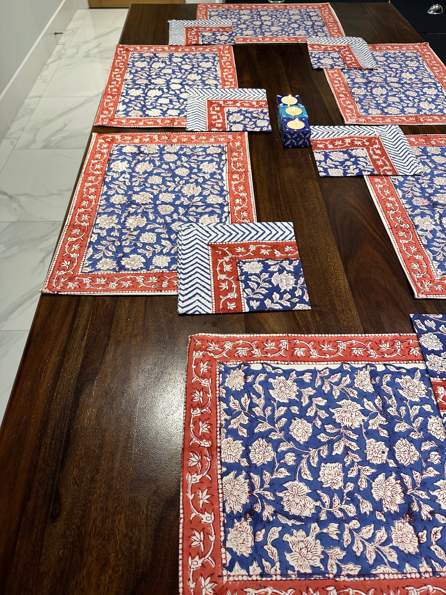 Floral Harmony Table Mats & Napkins Set - Hand Block Printed