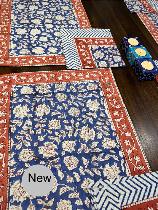 Floral Harmony Table Mats & Napkins Set - Hand Block Printed