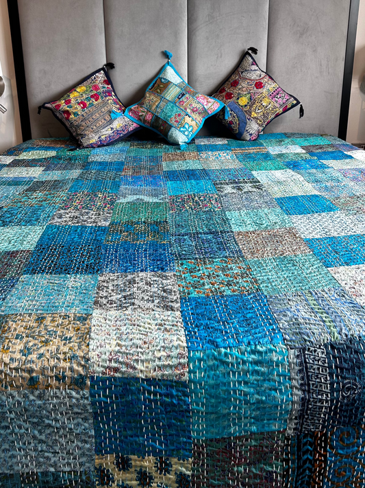 Sky Blue Silk Kantha Bed Cover
