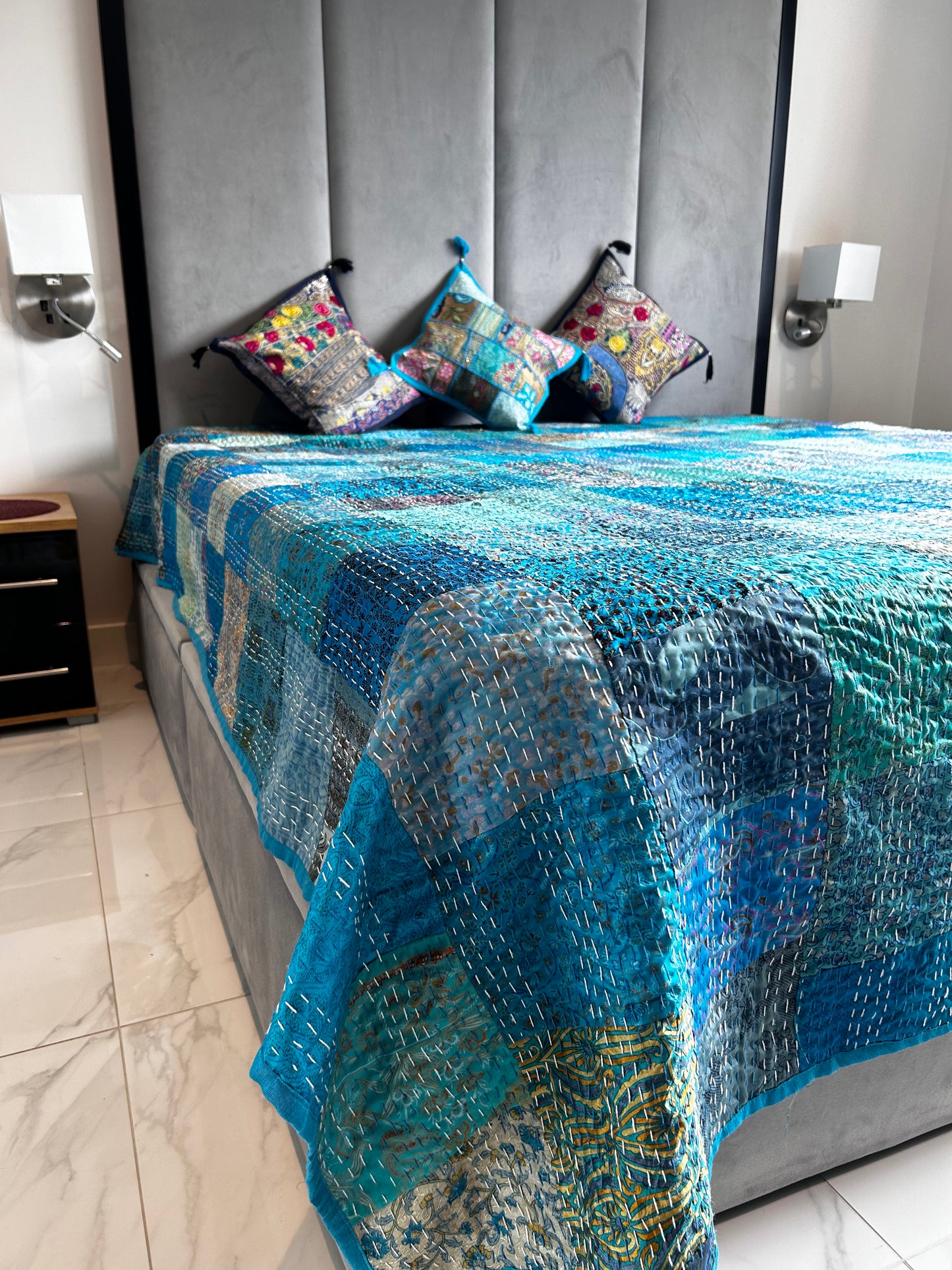Sky Blue Silk Kantha Bed Cover