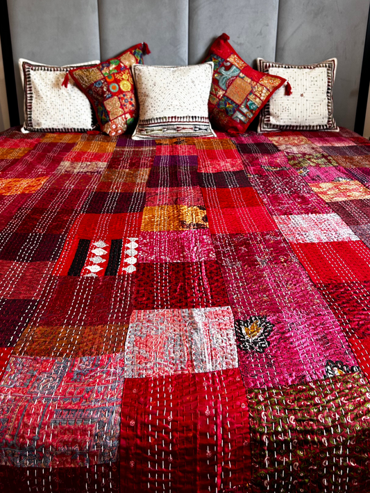 Ruby Silk Kantha Bed Cover