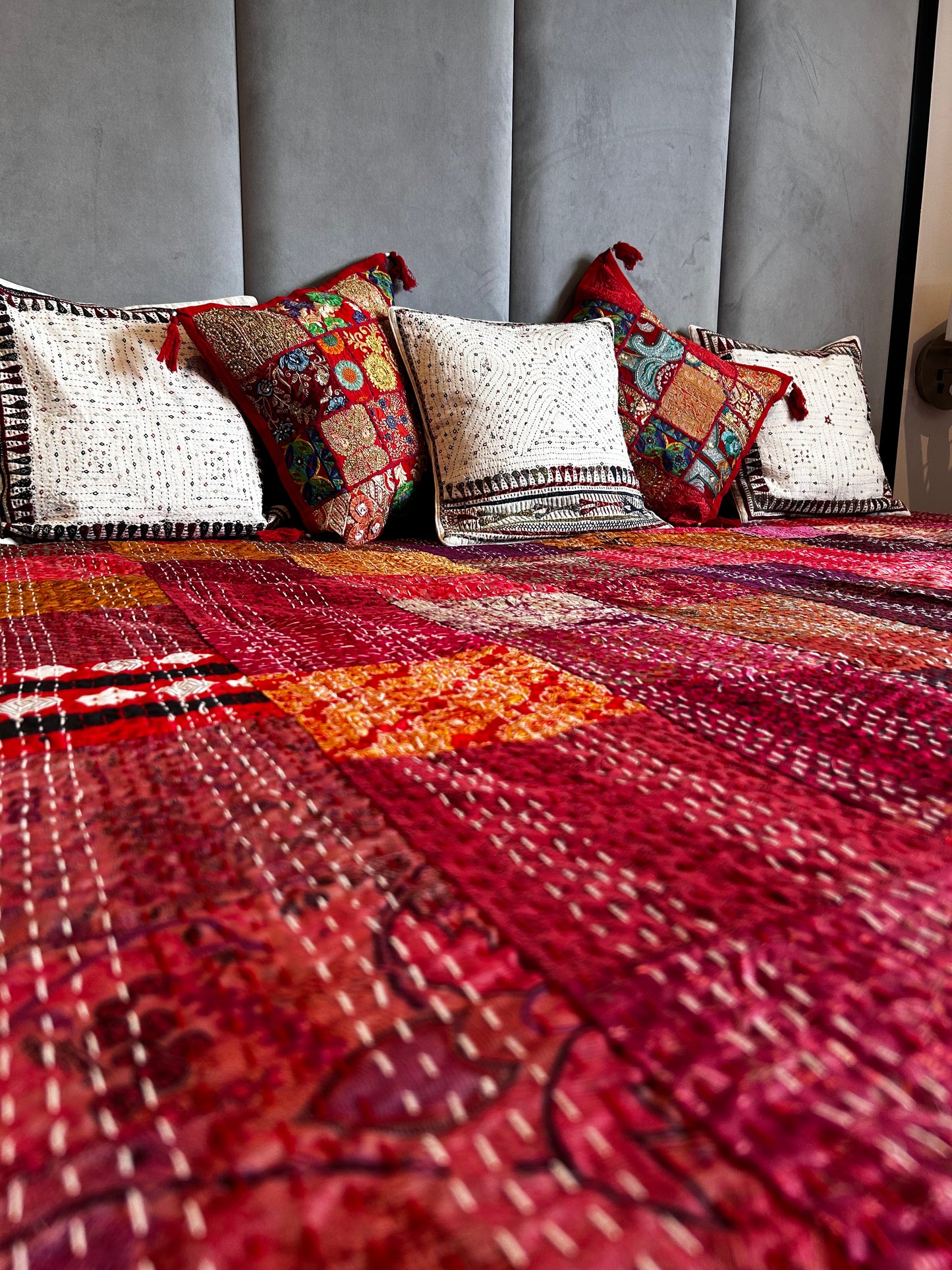 Ruby Silk Kantha Bed Cover