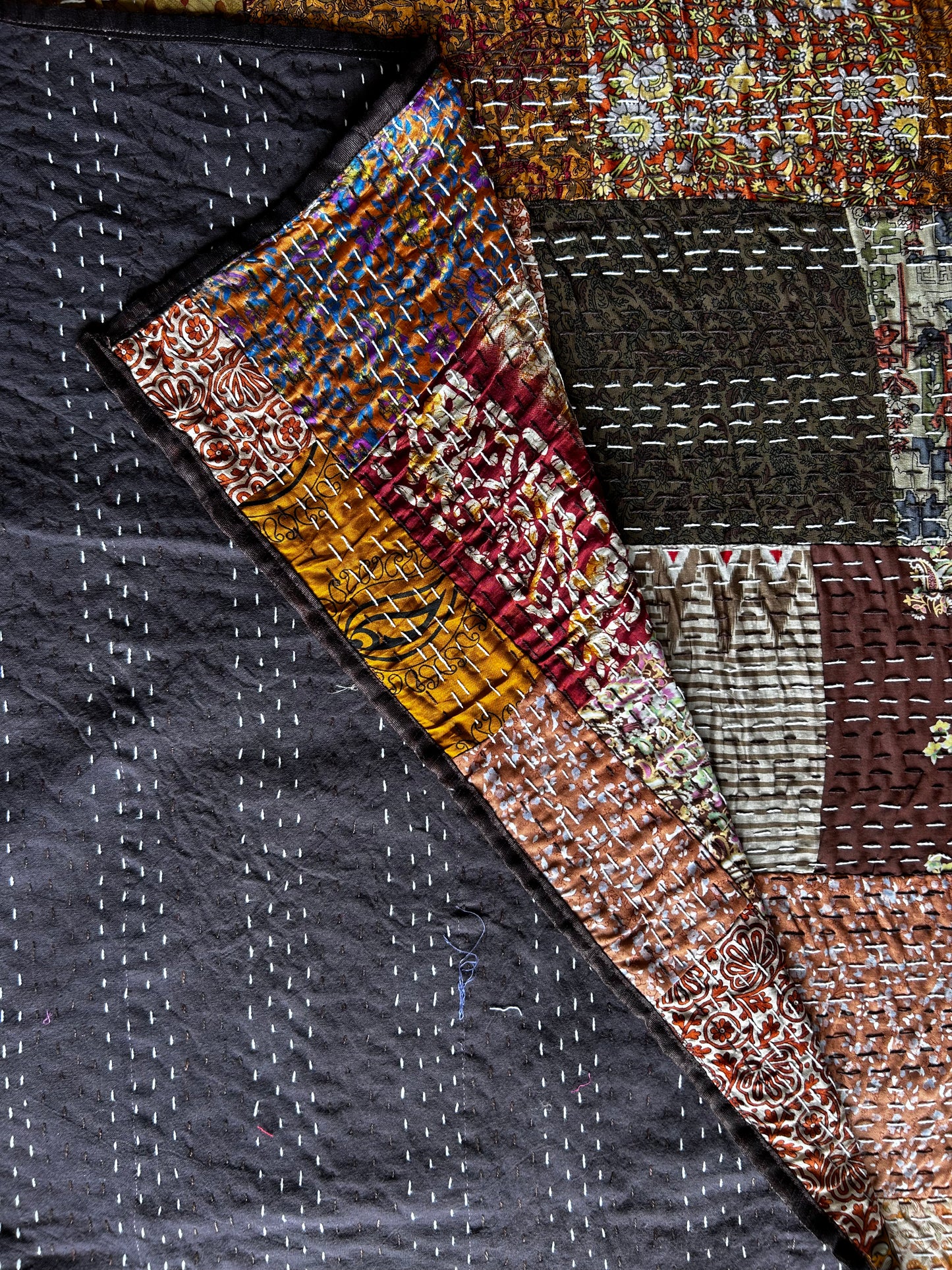 Chocolate Silk Kantha Bed Cover