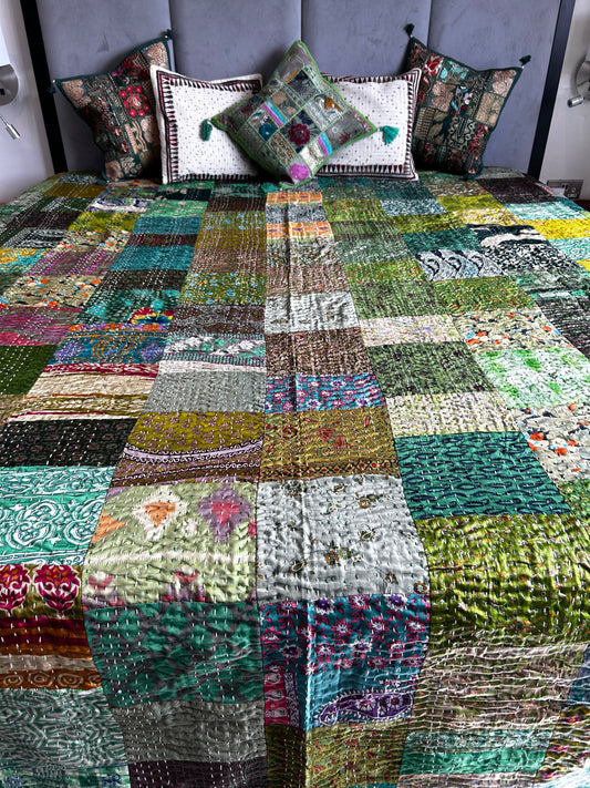 Emerald Silk Kantha Bed Cover