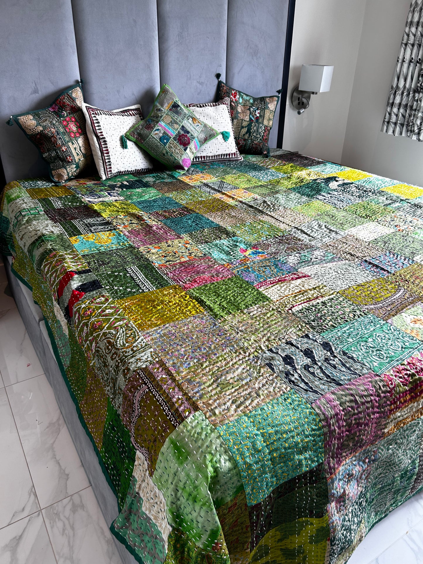 Emerald Silk Kantha Bed Cover