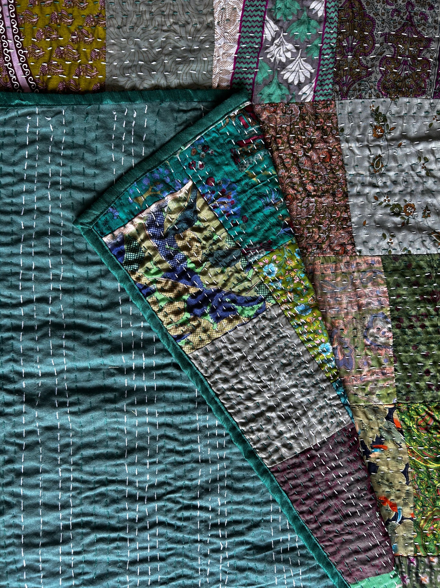 Emerald Silk Kantha Bed Cover