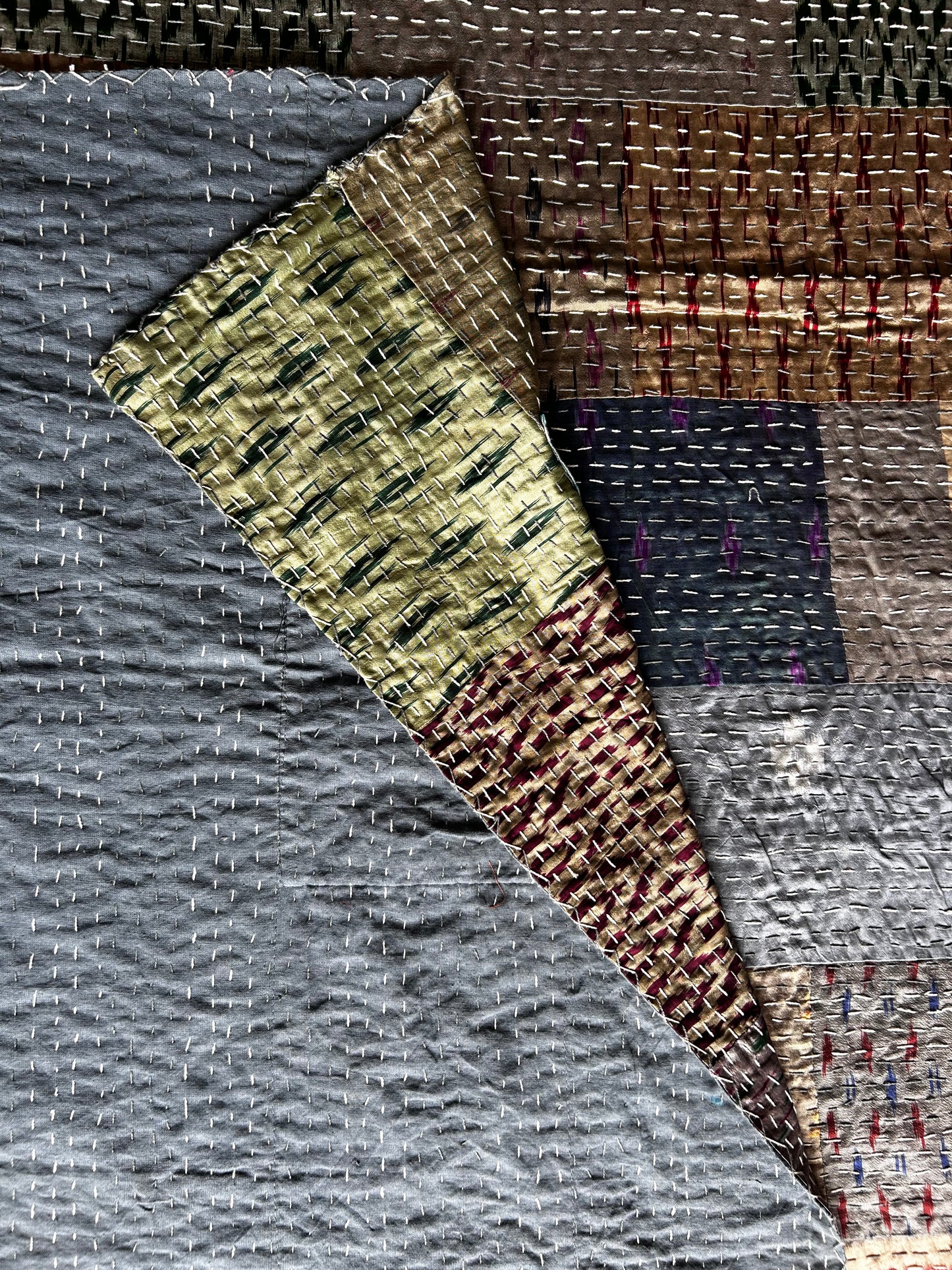 Pearl Grey Silk Kantha Bed Cover