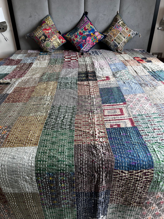 Pearl Grey Silk Kantha Bed Cover