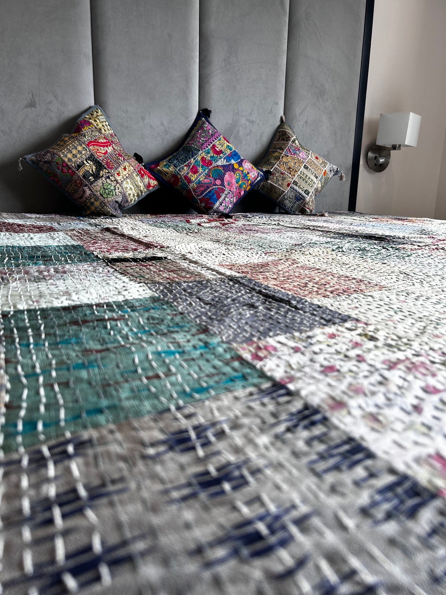 Pearl Grey Silk Kantha Bed Cover