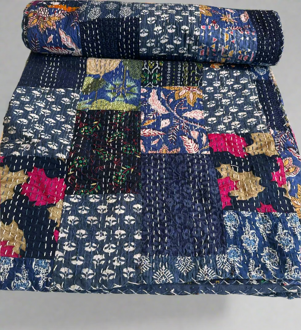 Multicolored quilt with floral patterns on a white surface