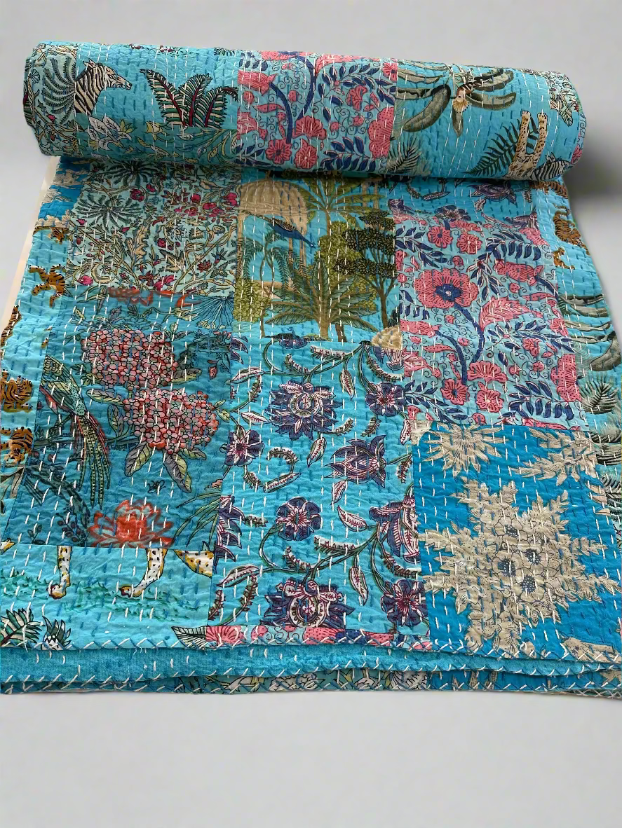 Roll of floral-patterned fabric on a light-colored surface