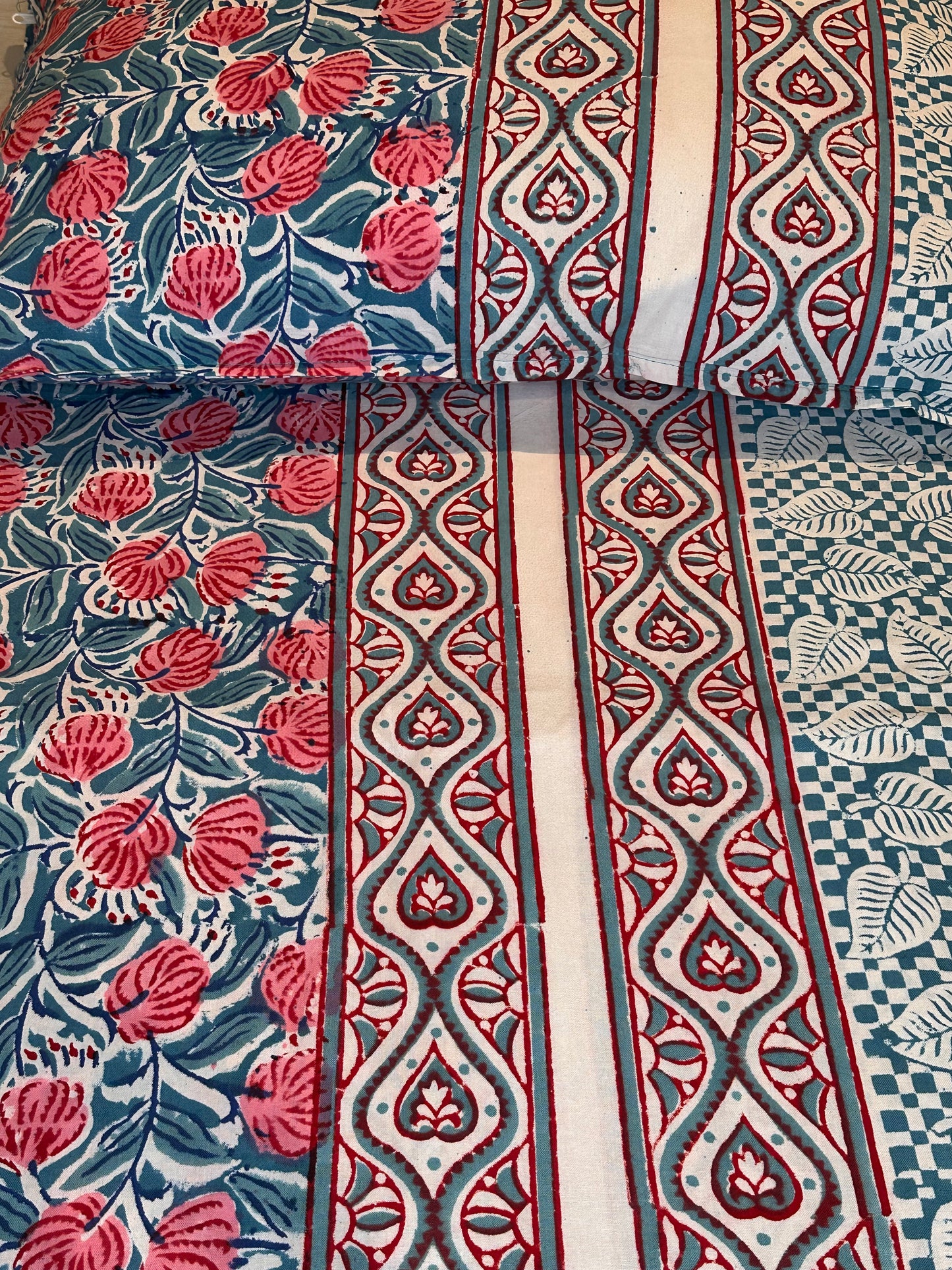 Coral Teal Symphony Block Printed Bed Set