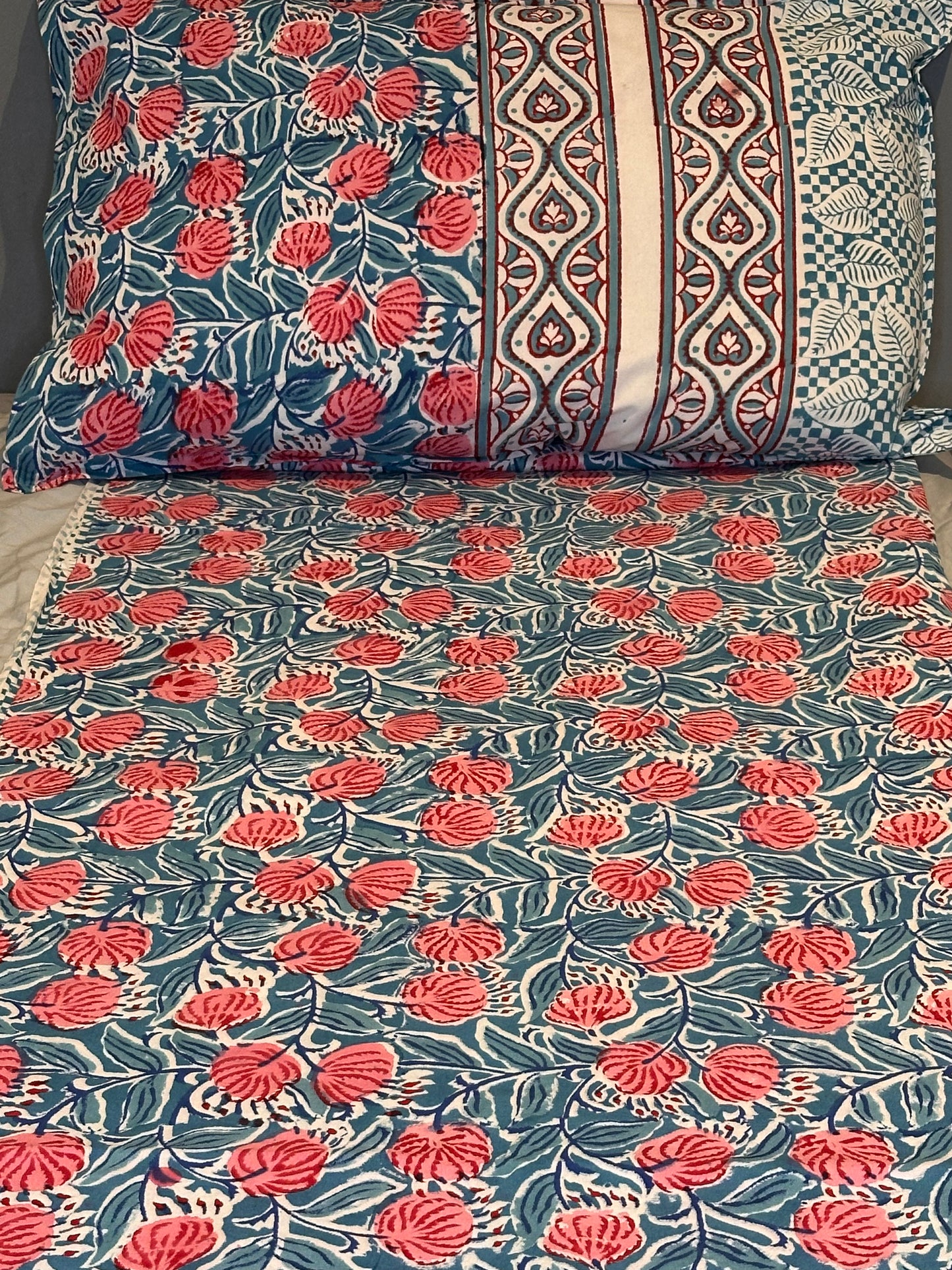 Coral Teal Symphony Block Printed Bed Set
