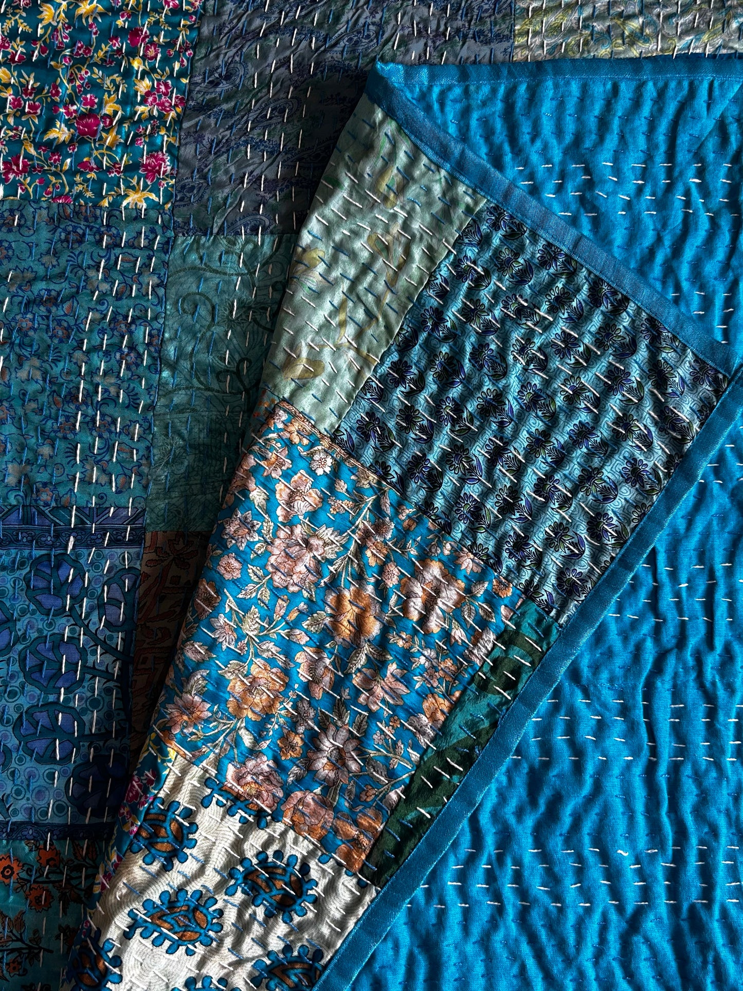 Sky Blue Silk Kantha Bed Cover