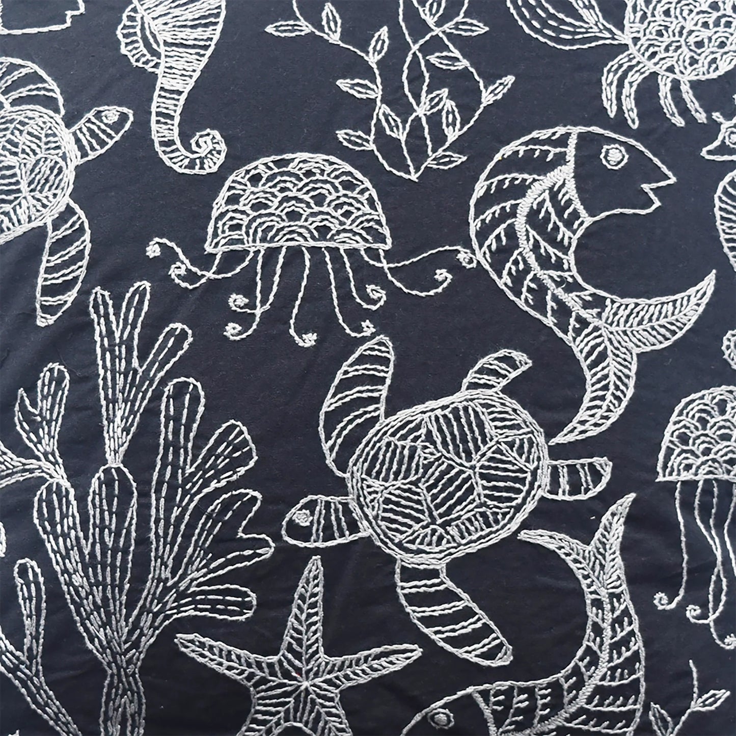 Black Sea Creatures - Hand Embroidered Cushion Cover