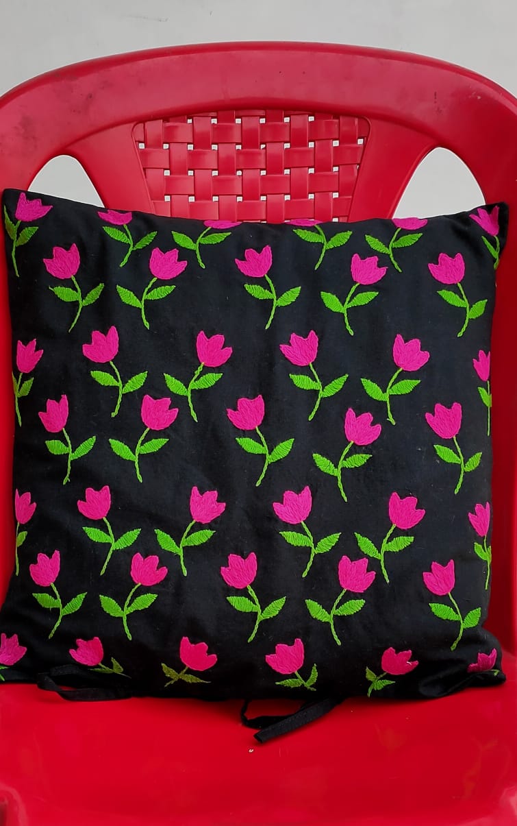 Nocturnal Blossoms Series - Hand Embroidered Cushion Cover