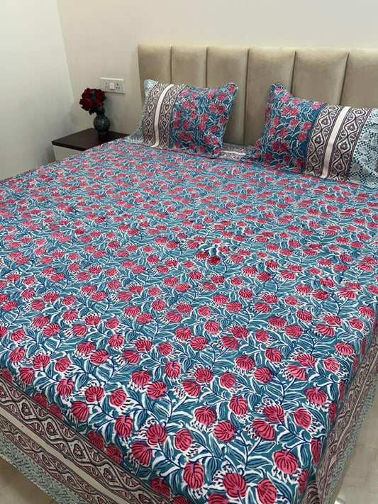 Coral Teal Symphony Block Printed Bed Set