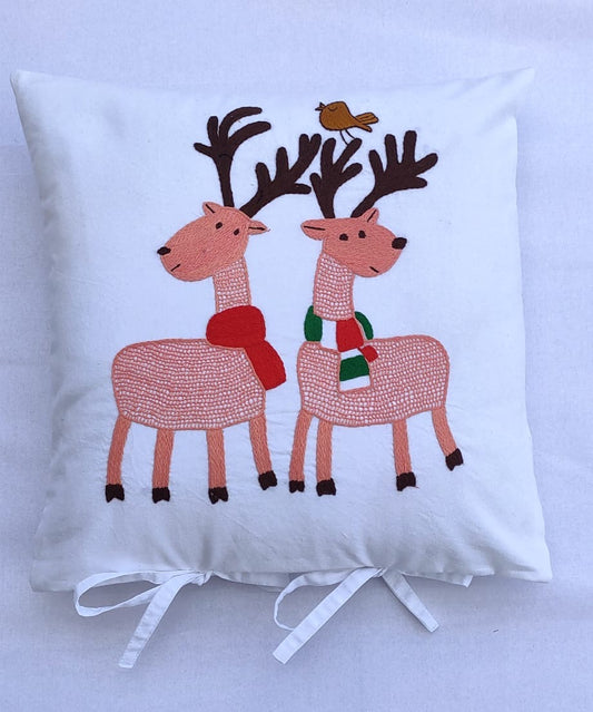 Reindeers - Hand Embroidered Cushion Cover