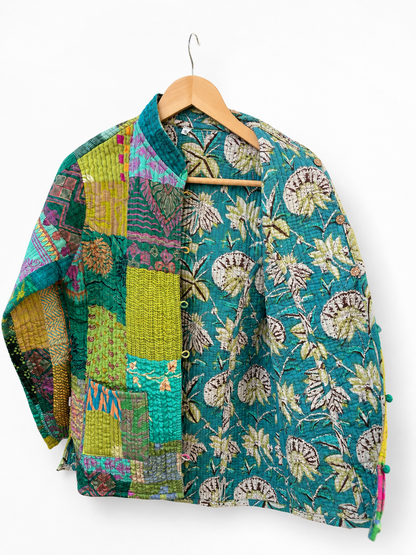 Green Silk patchwork Reversible Quilted Jacket