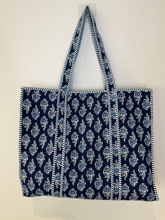 Indigo Blossom Quilted Tote Bag