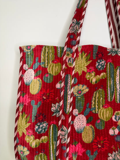 Scarlet Cactus Velvet Reversible Tote Bag