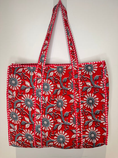Crimson Blossom Quilted Tote Bag