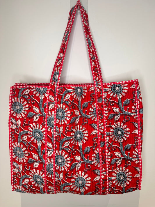 Crimson Blossom Quilted Tote Bag