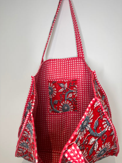 Crimson Blossom Quilted Tote Bag