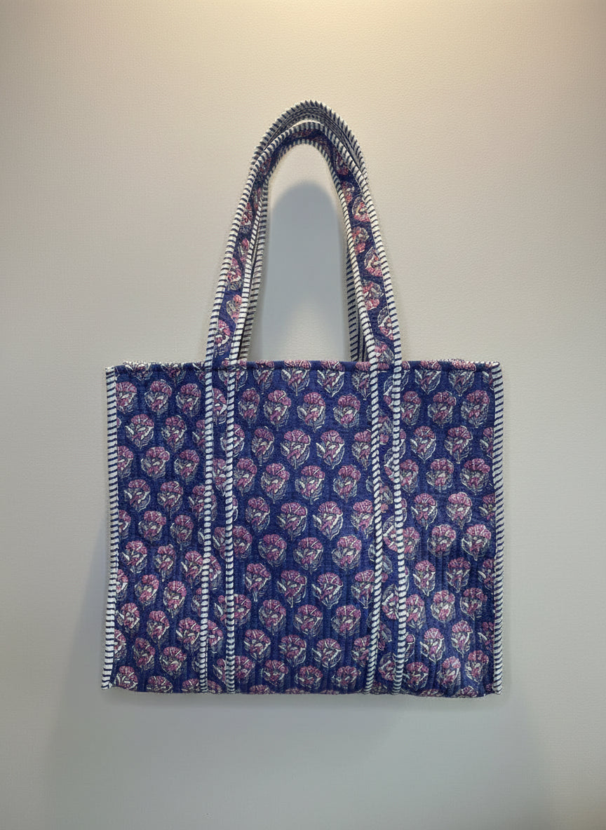 Indigo Blossom Quilted Tote Bag