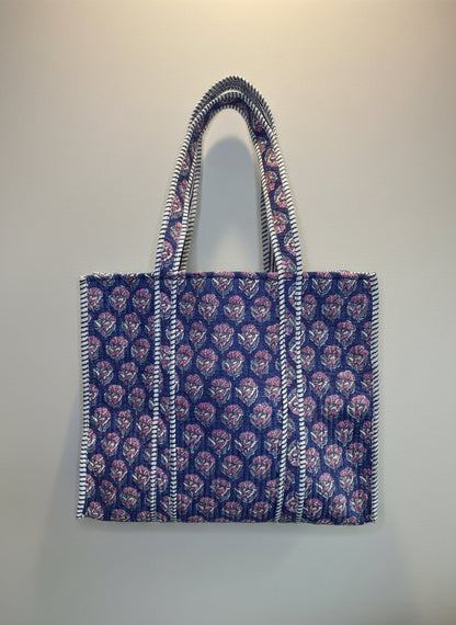 Indigo Blossom Quilted Tote Bag