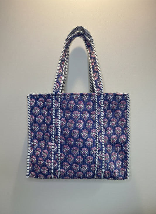 Indigo Blossom Quilted Tote Bag